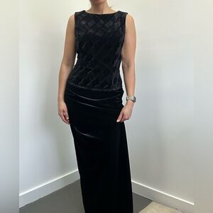 Jessica McClintock Black Velvet Crew Neck Evening Maxi Dress Beaded Layered M
